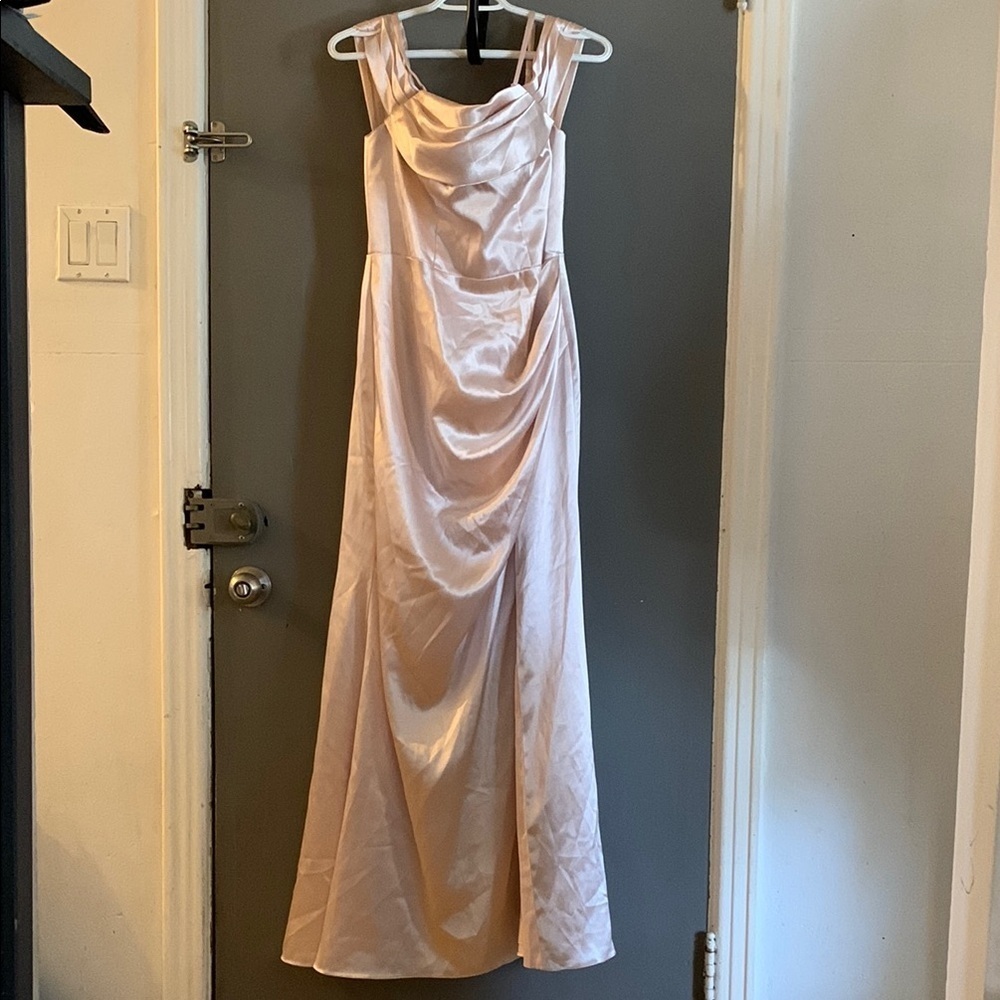 Jjs house maxi slit champagne wedding guest evening prom bridesmaid satin dress